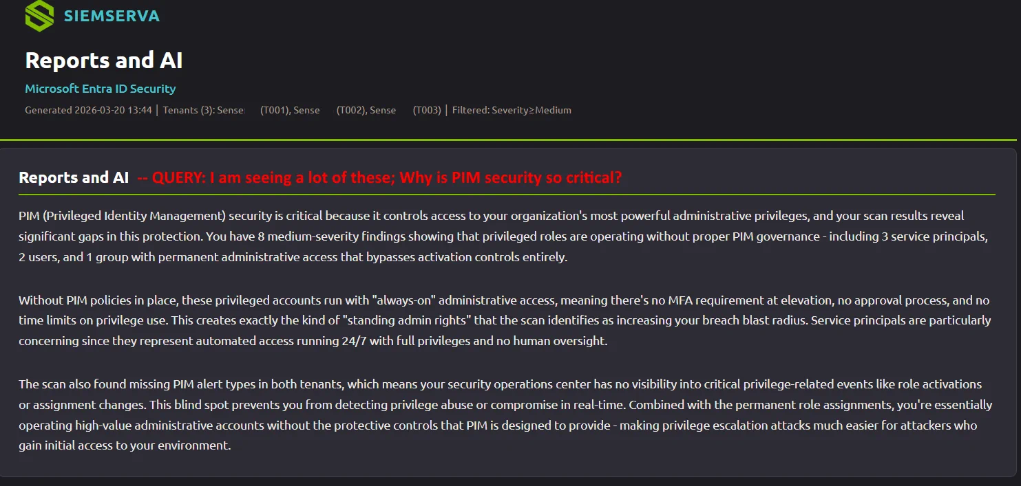 Siemserva AI context-sensitive Q&A asking about the scan data in natural language